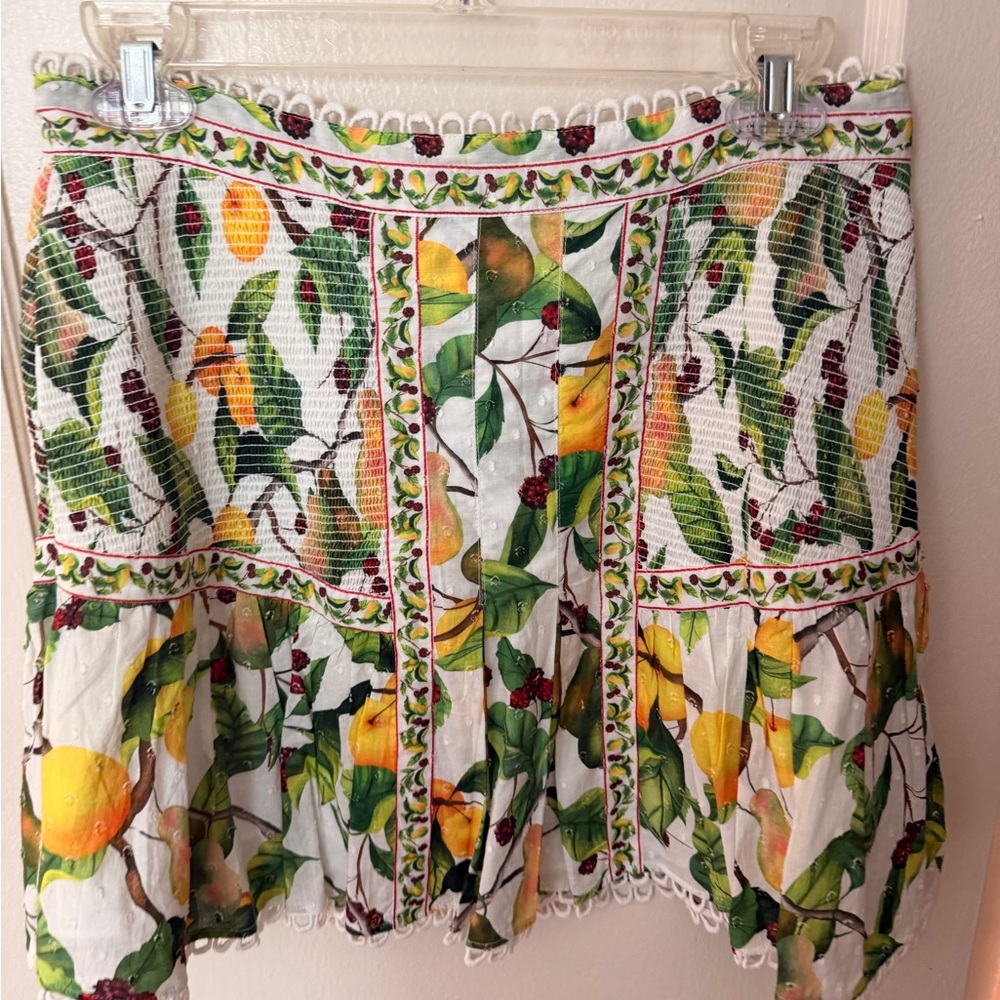 FARM Rio White Lemon-Print Mini Skirt with Green Leaves